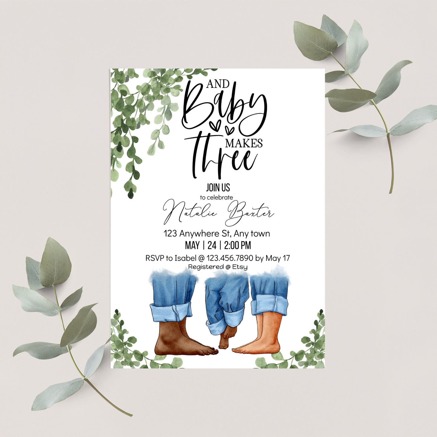 eucalyptus greenery baby shower invitations, baby makes three, printable minimalist baby shower invitations, gender neutral, interracial iii