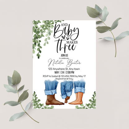 Eucalyptus Greenery Baby Shower Invitations, Baby Makes Three, Printable Minimalist Baby Shower Invitations, Gender Neutral, Interracial III