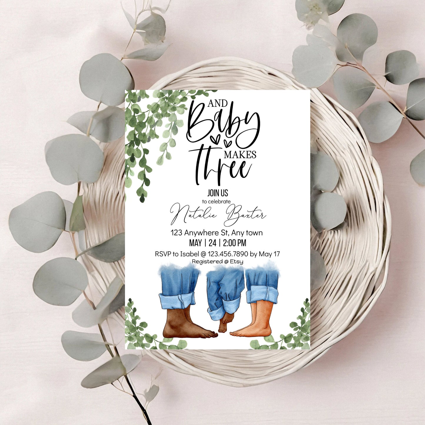 eucalyptus greenery baby shower invitations, baby makes three, printable minimalist baby shower invitations, gender neutral, interracial iii