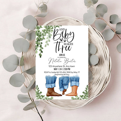 Eucalyptus Greenery Baby Shower Invitations, Baby Makes Three, Printable Minimalist Baby Shower Invitations, Gender Neutral, Interracial III