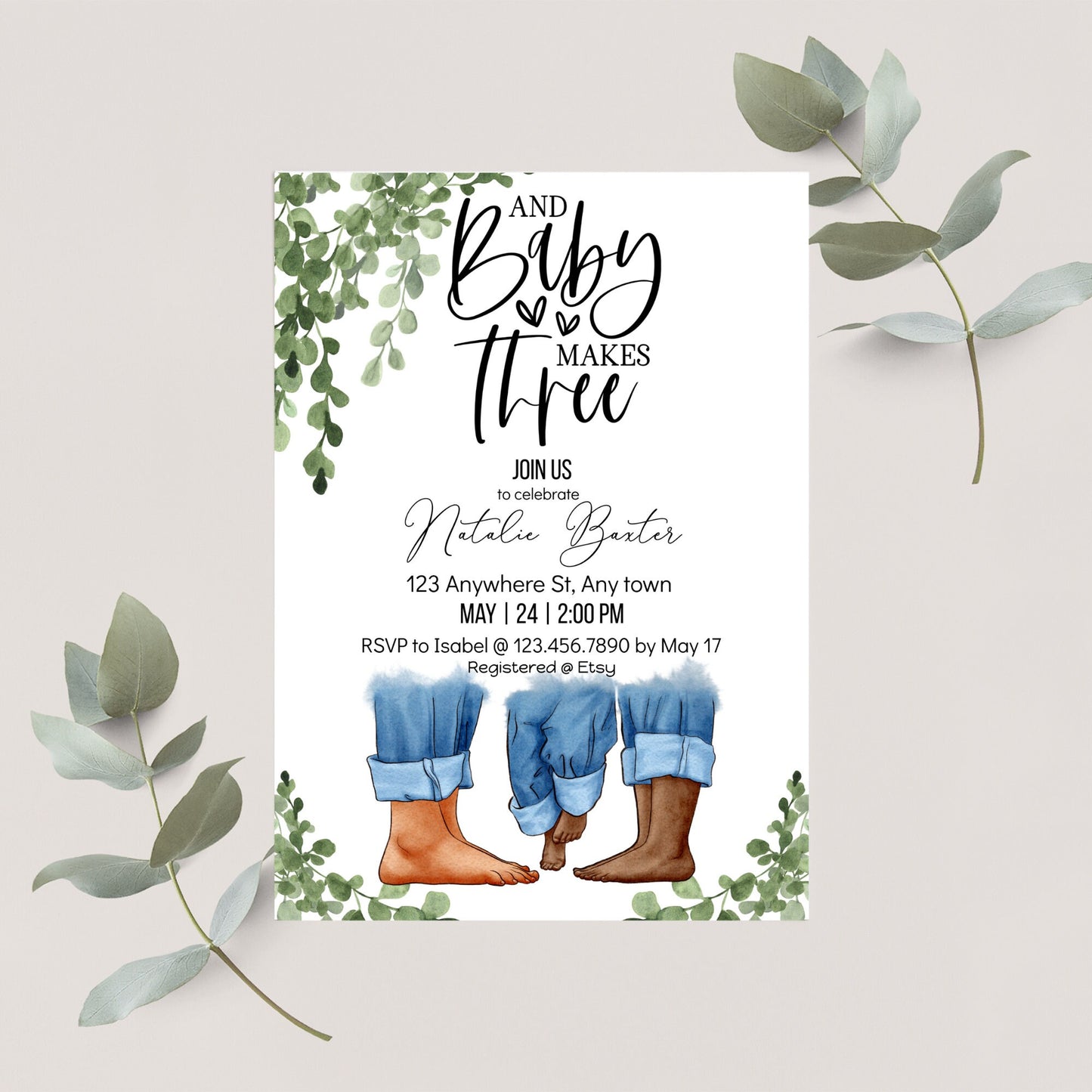 eucalyptus greenery baby shower invitations, baby makes three, printable minimalist baby shower invitations, gender neutral, interracial i