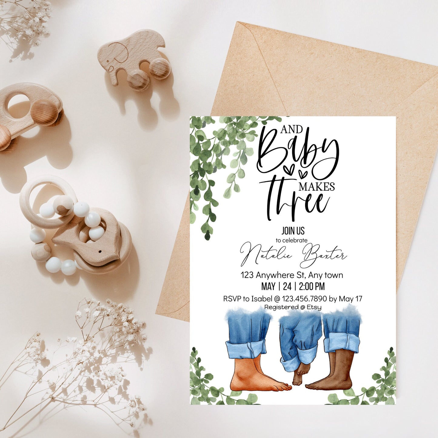 eucalyptus greenery baby shower invitations, baby makes three, printable minimalist baby shower invitations, gender neutral, interracial i