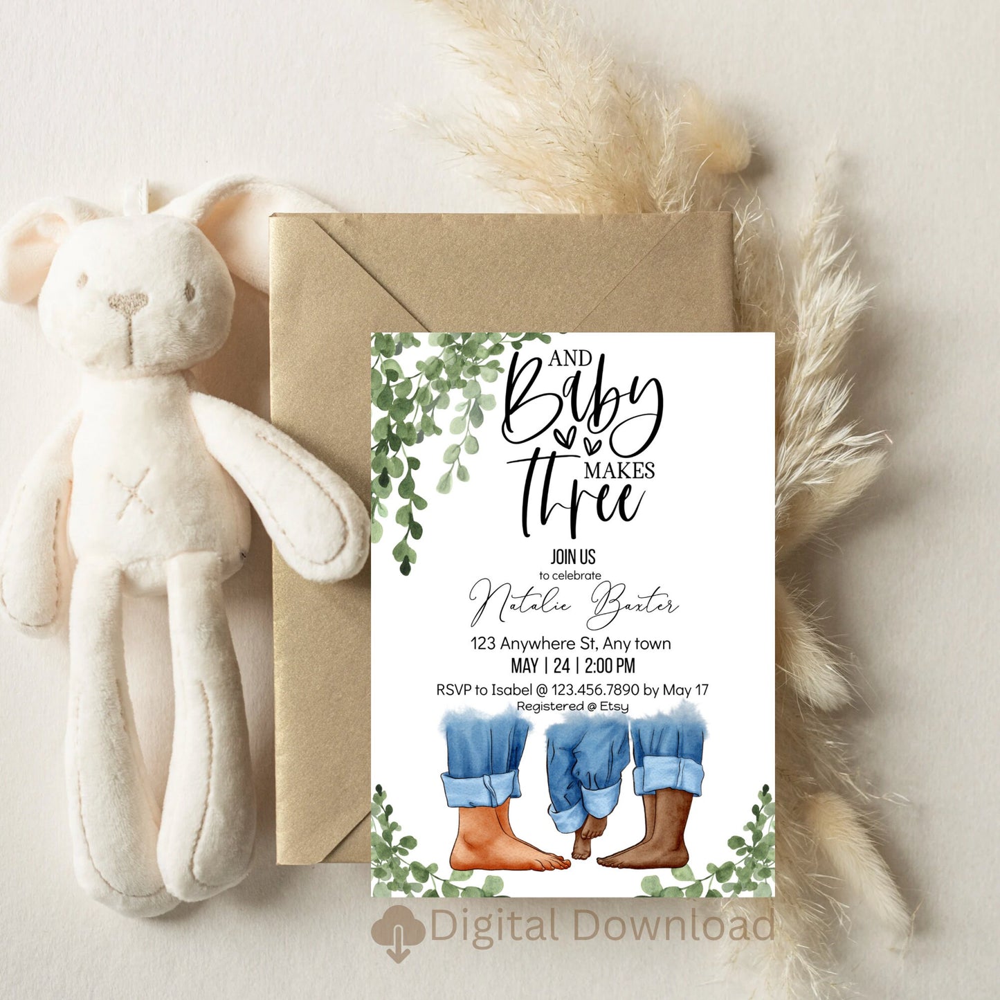 eucalyptus greenery baby shower invitations, baby makes three, printable minimalist baby shower invitations, gender neutral, interracial i