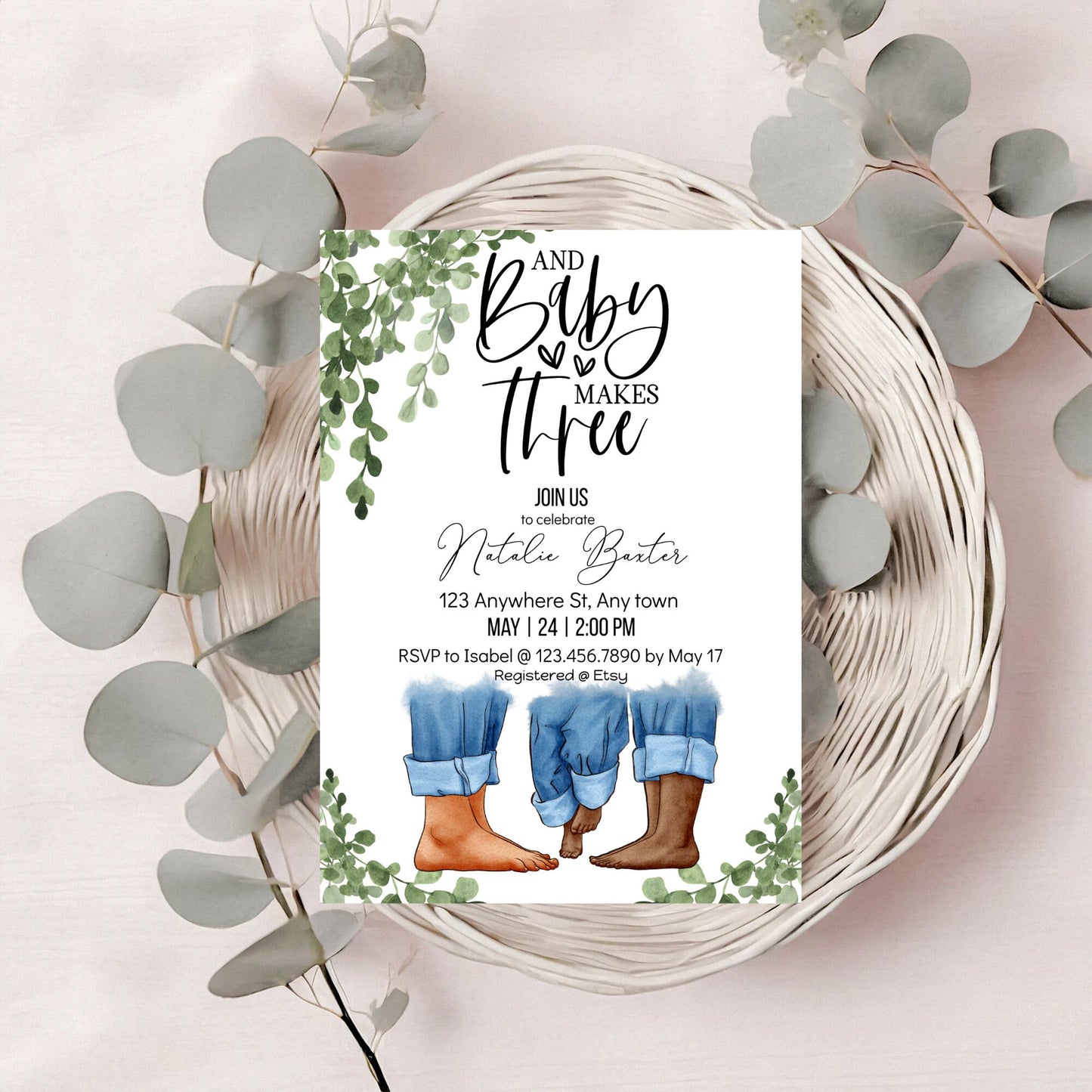 eucalyptus greenery baby shower invitations, baby makes three, printable minimalist baby shower invitations, gender neutral, interracial i