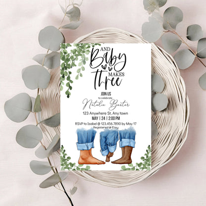 Eucalyptus Greenery Baby Shower Invitations, Baby Makes Three, Printable Minimalist Baby Shower Invitations, Gender Neutral, Interracial I