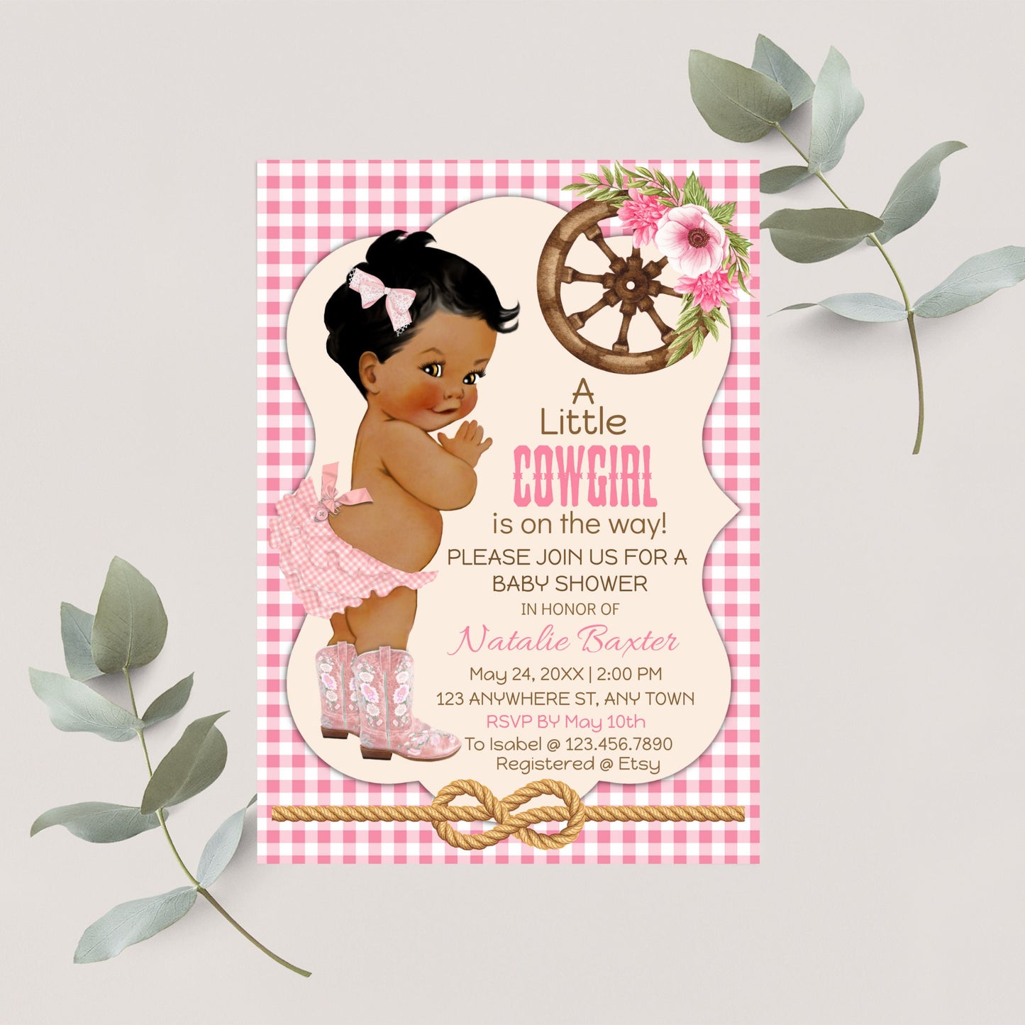 cowgirl baby shower invitations: pink gingham, western theme (digital download)