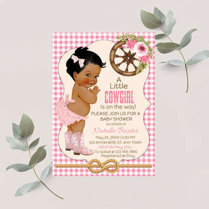 Cowgirl Baby Shower Invitations: Pink Gingham, Western Theme (Digital Download)