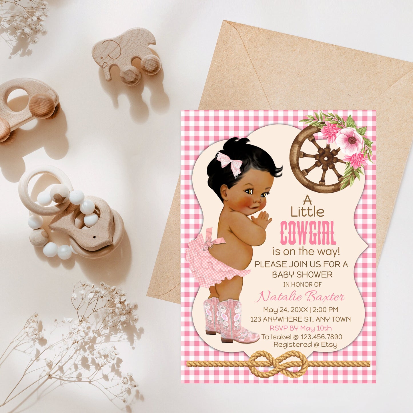 a little cowgirl, rustic baby shower invitations, editable and printable western theme baby shower invite, african american, pink gingham