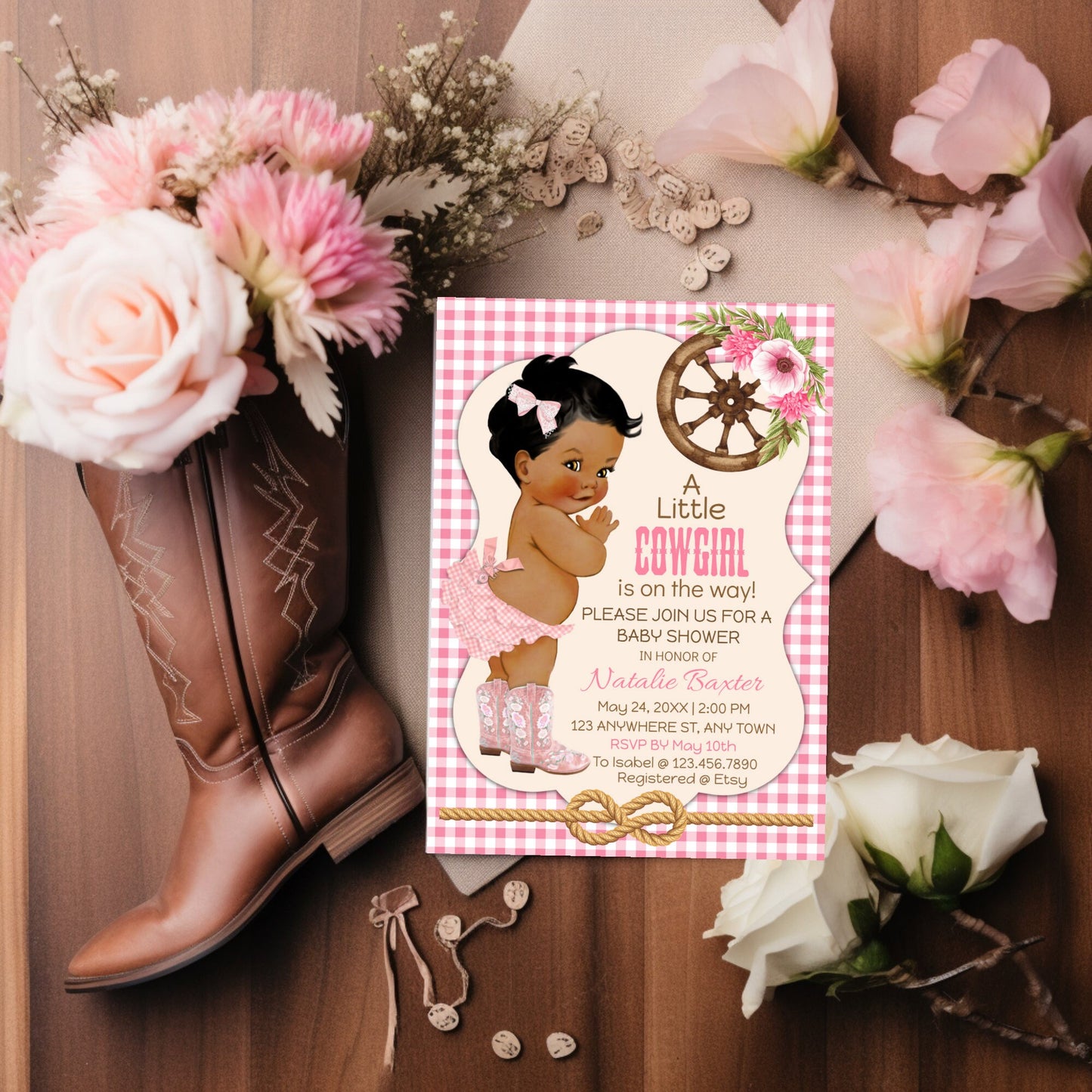 a little cowgirl, rustic baby shower invitations, editable and printable western theme baby shower invite, african american, pink gingham