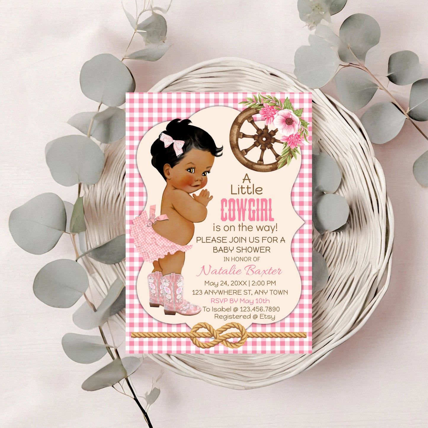 a little cowgirl, rustic baby shower invitations, editable and printable western theme baby shower invite, african american, pink gingham