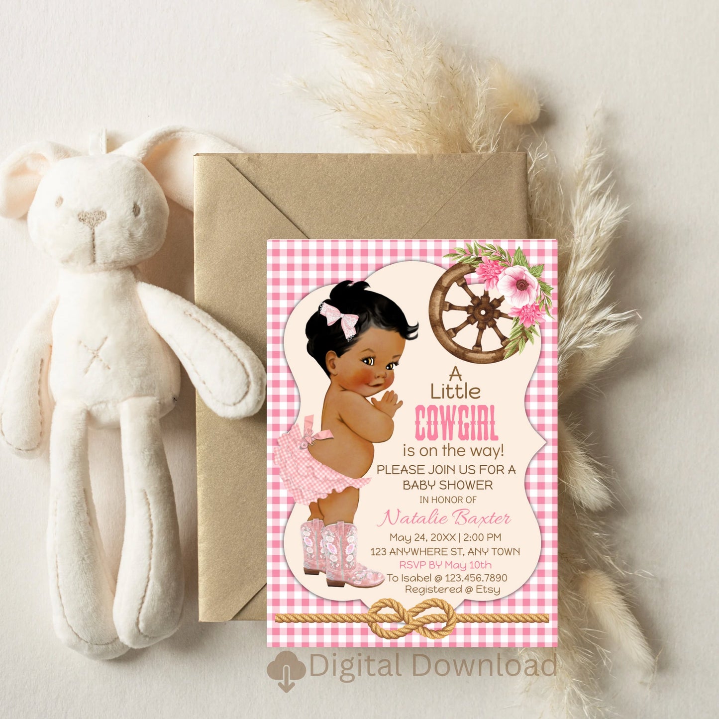 a little cowgirl, rustic baby shower invitations, editable and printable western theme baby shower invite, african american, pink gingham