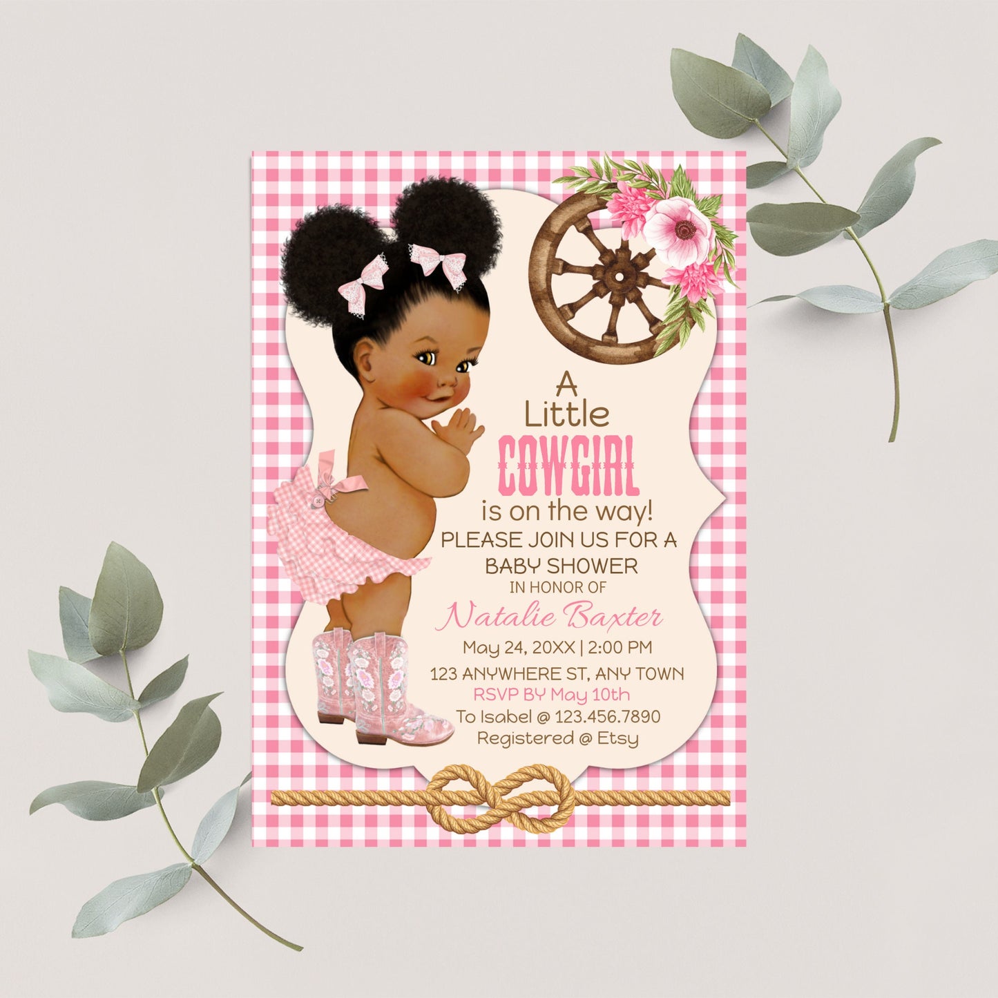 rustic cowgirl baby shower invitations: gingham, african american (digital download)