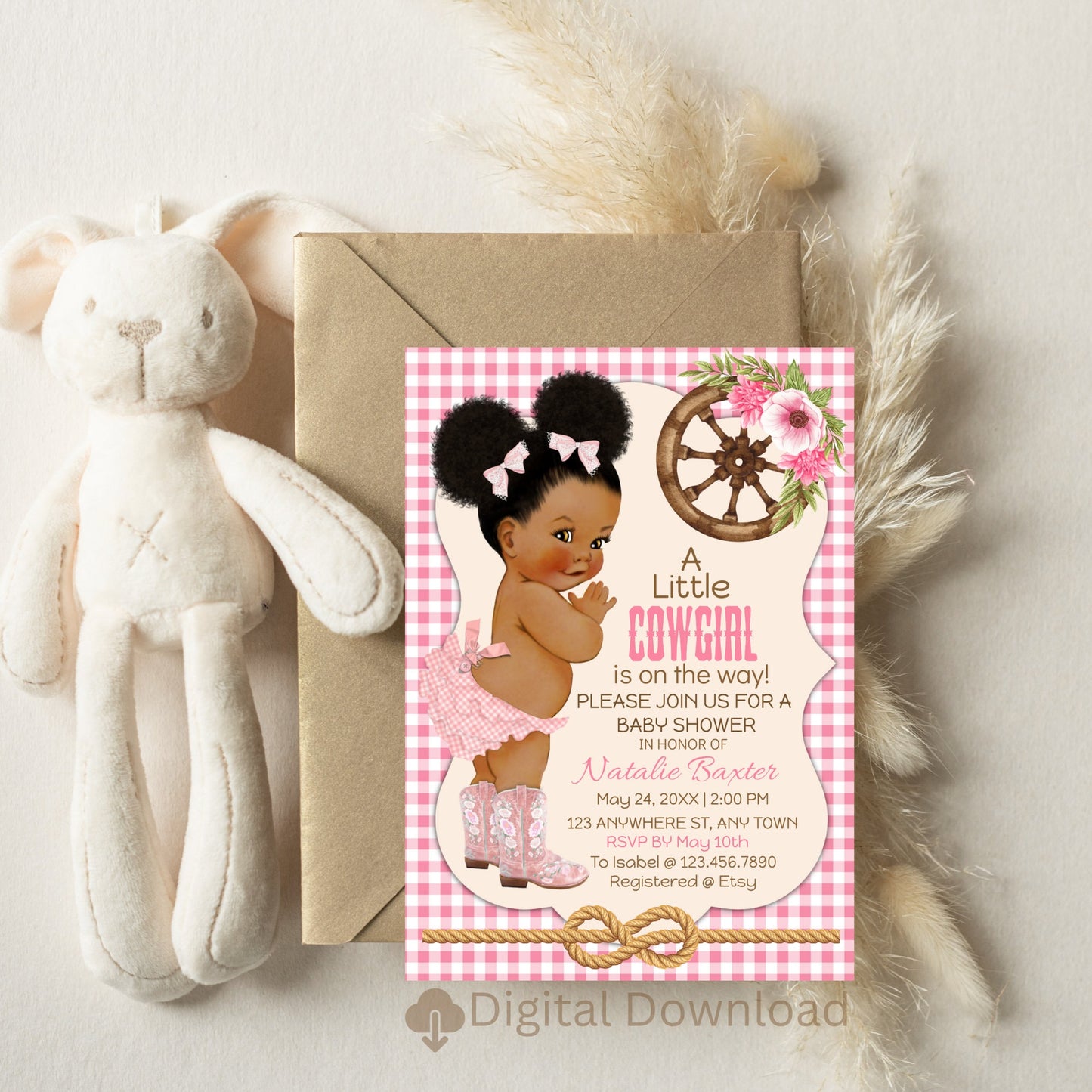 a little cowgirl, rustic baby shower invitations, editable and printable western theme baby shower invite, curly african american, gingham