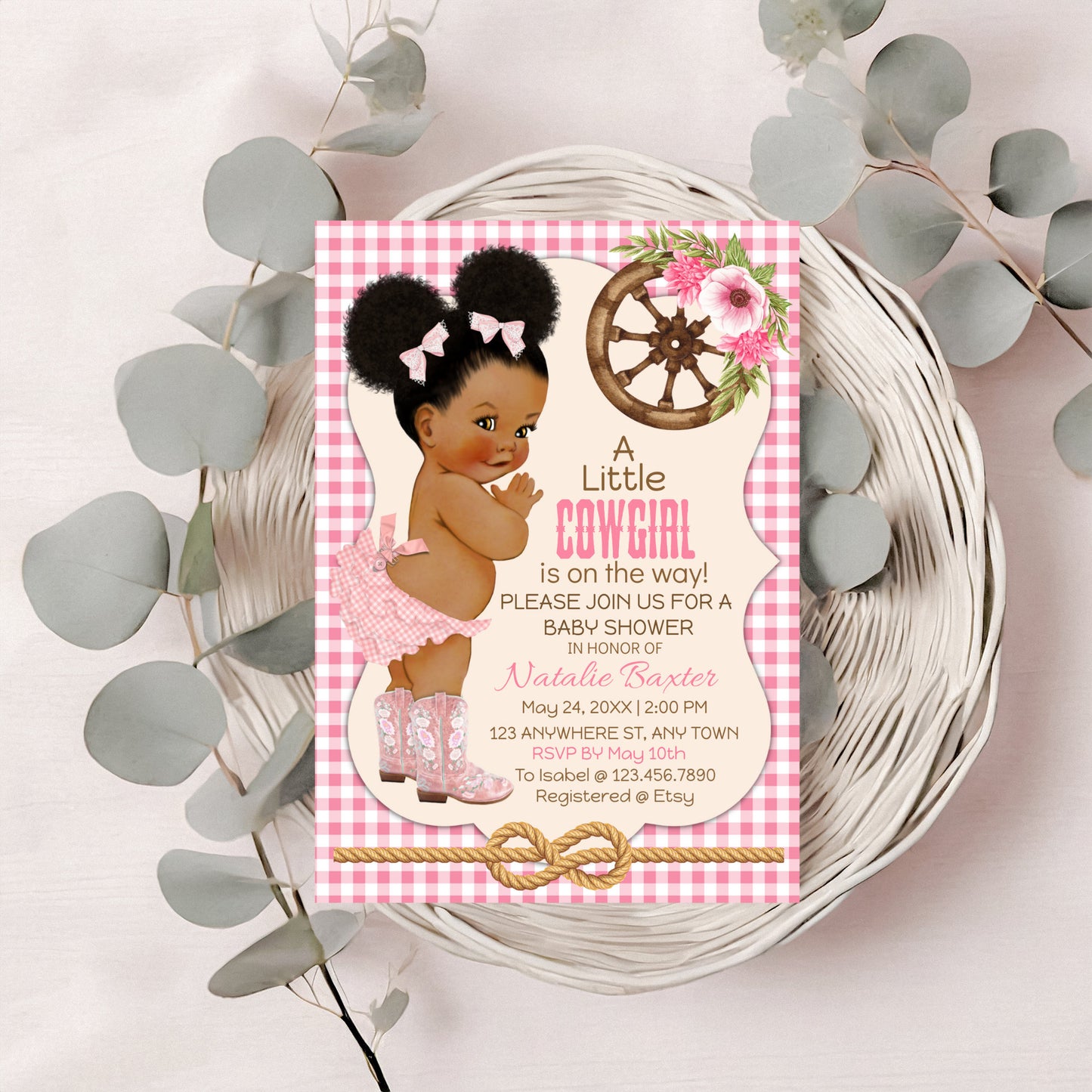 a little cowgirl, rustic baby shower invitations, editable and printable western theme baby shower invite, curly african american, gingham