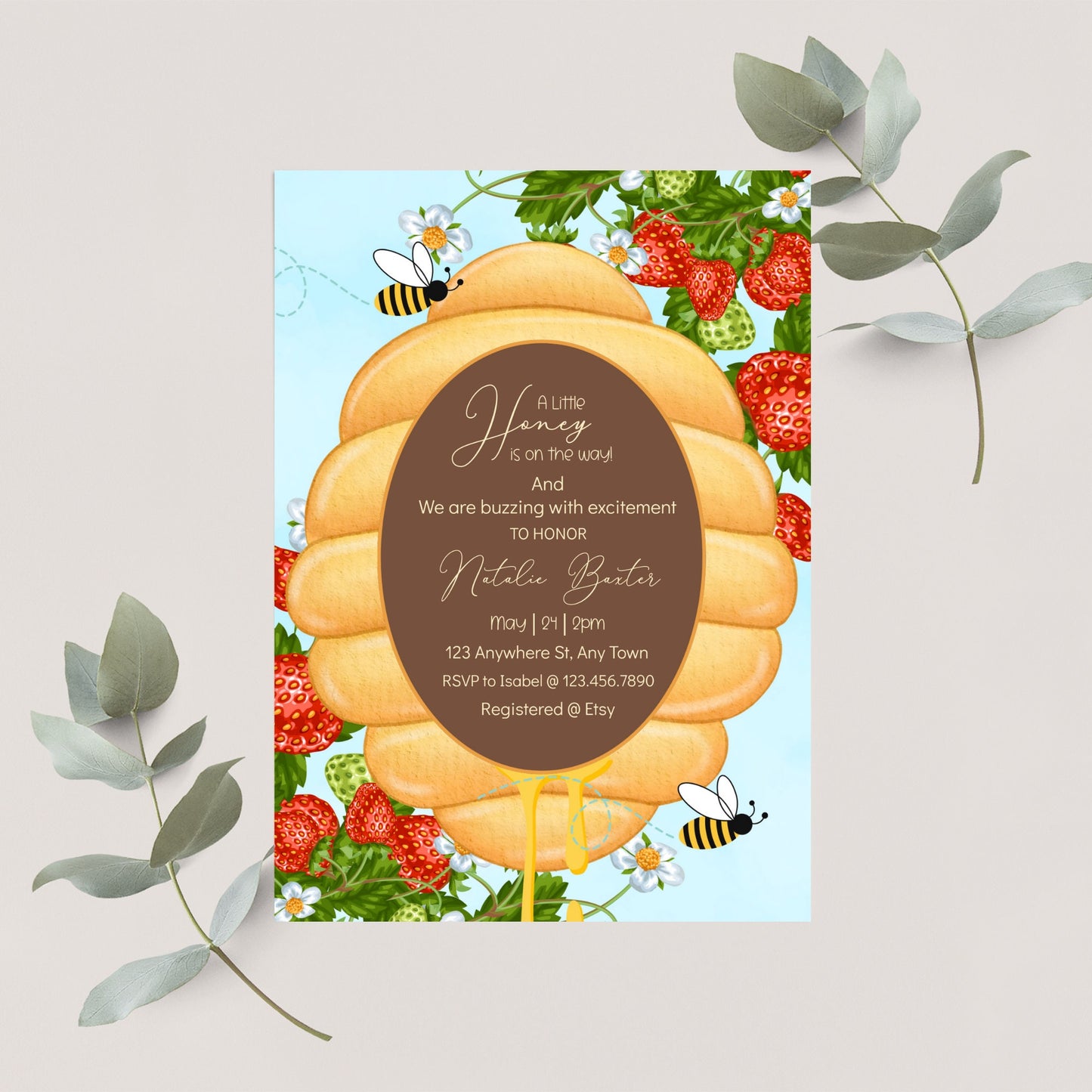 a little honey is on the way, printable and editable 5x7 strawberries and beehive baby shower invitations, gender neutral spring baby shower