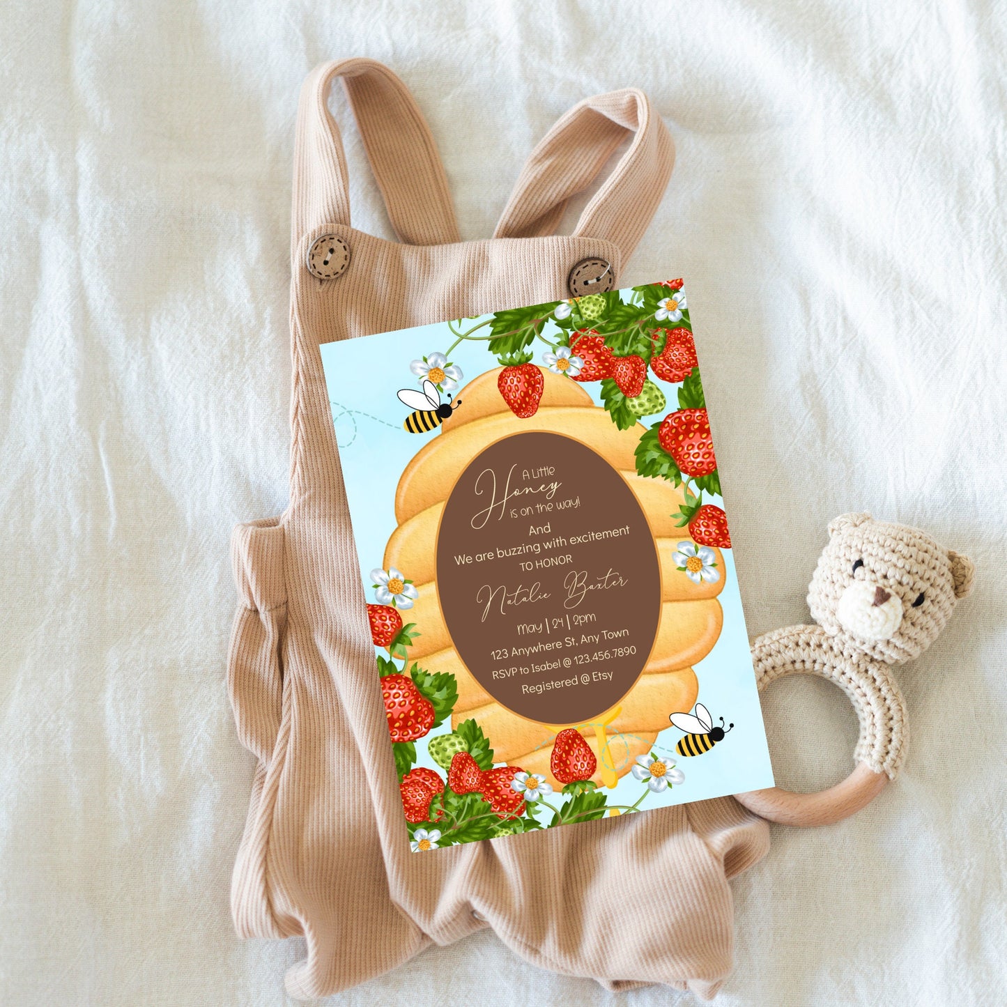 a little honey is on the way, printable and editable 5x7 strawberries and beehive baby shower invitations, gender neutral spring baby shower