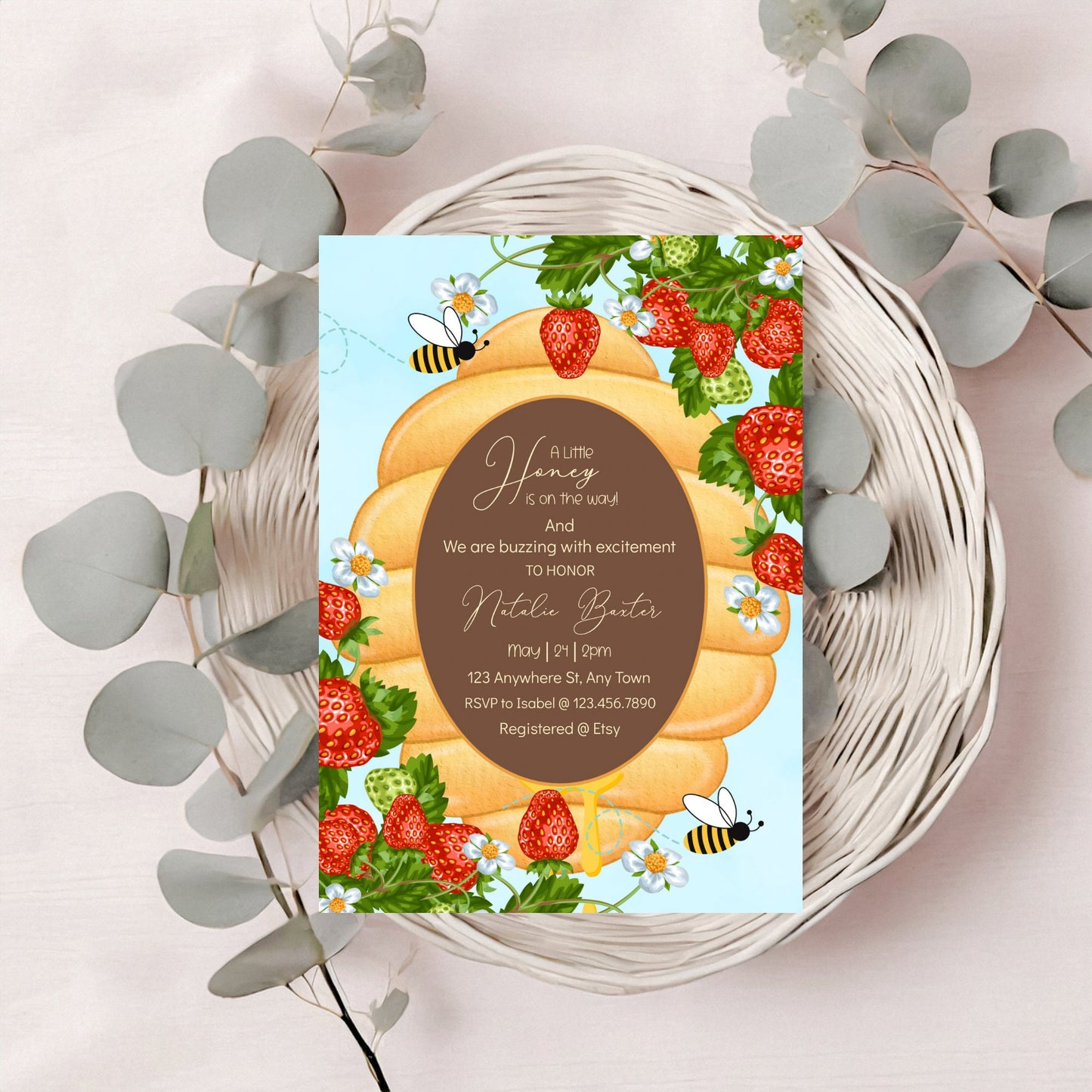 a little honey is on the way, printable and editable 5x7 strawberries and beehive baby shower invitations, gender neutral spring baby shower