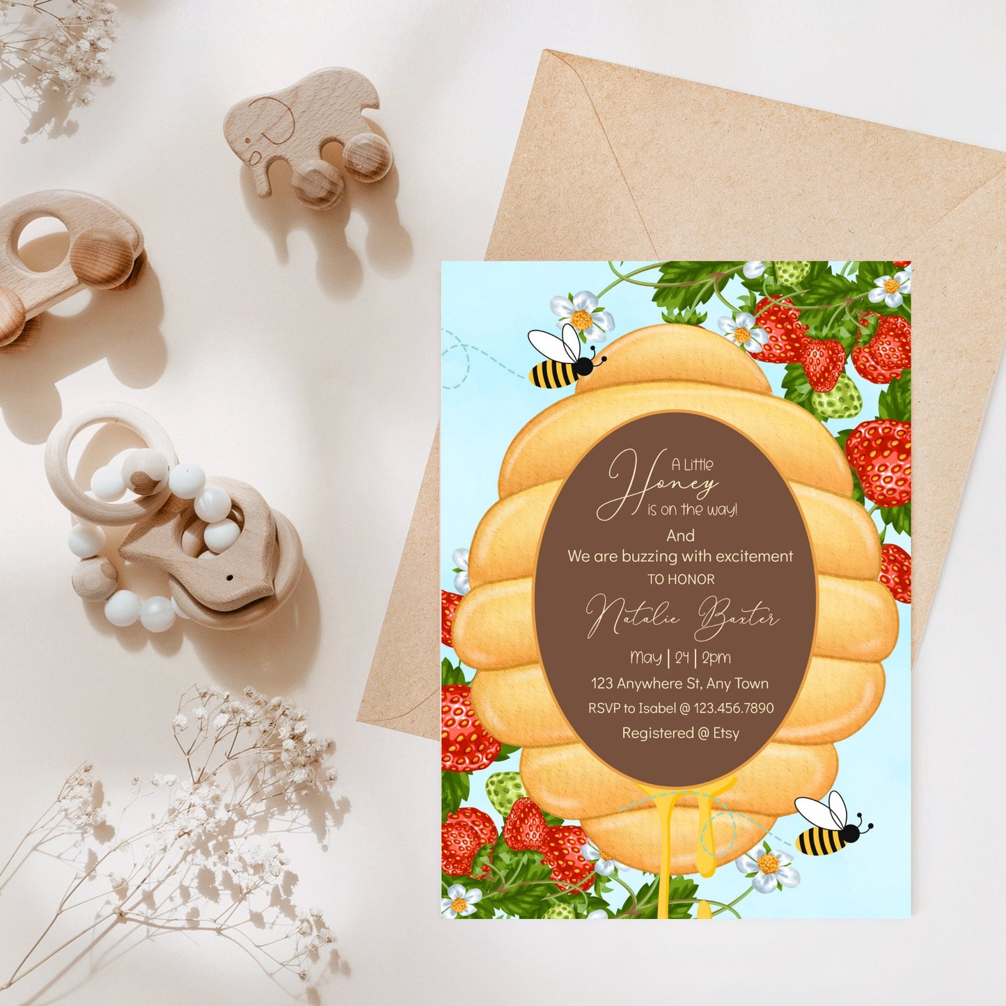 a little honey is on the way, printable and editable 5x7 strawberries and beehive baby shower invitations, gender neutral spring baby shower