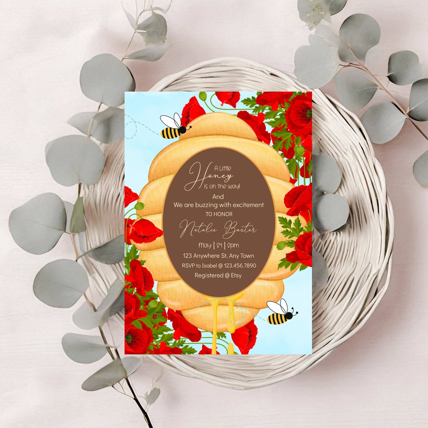 bee baby shower invitation,a little honey is on the way, printable and editable 5x7 poppy flower and beehive baby shower invitations,