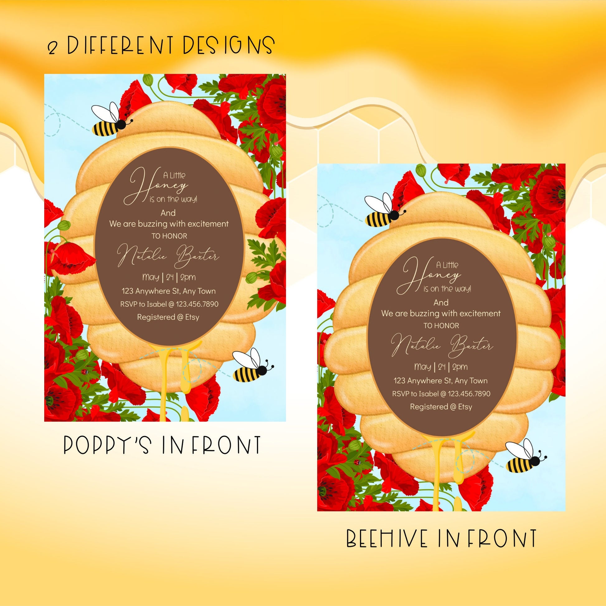 Bee Baby Shower Invitation,A Little Honey Is On The Way, Printable and Editable 5x7 Poppy Flower And Beehive Baby Shower Invitations,