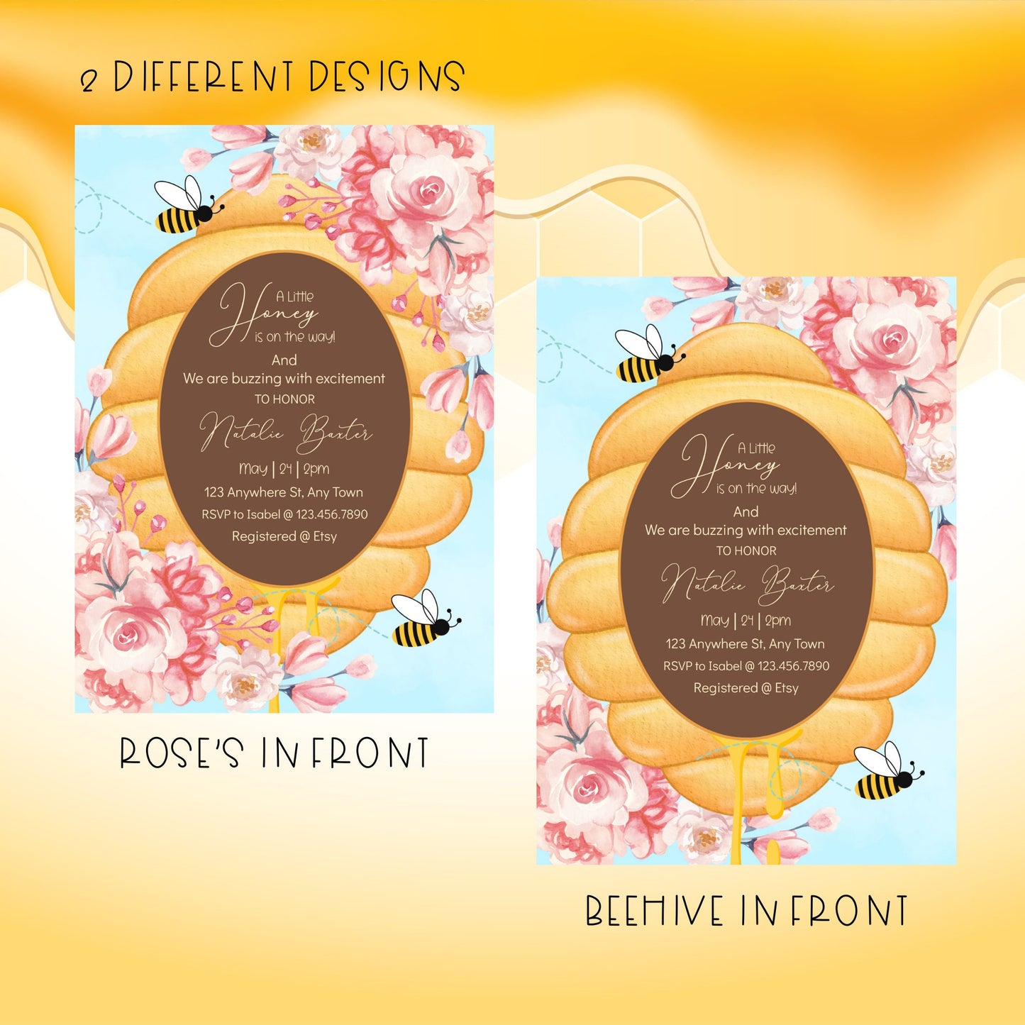 bee baby shower invitation: pink roses, beehive (printable & editable)