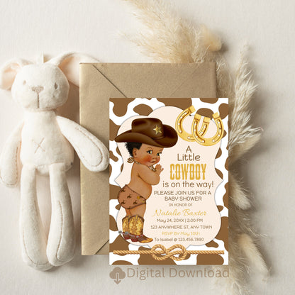 Curly African American Rustic Cowboy Baby Shower Invitations, Western Theme Baby Shower, It’s a Cowboy Y’all