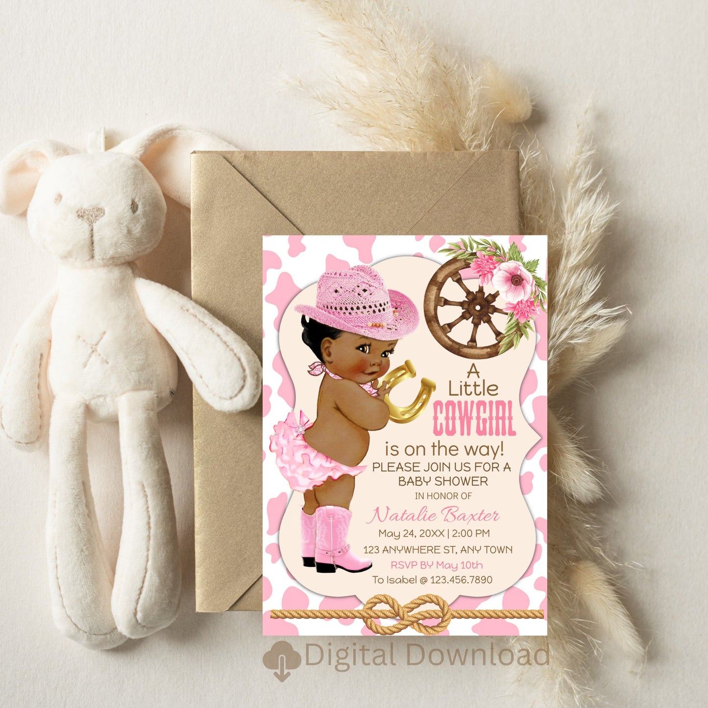 a little cowgirl, rustic baby shower invitations, editable and printable western theme baby shower invite, african american curly hair