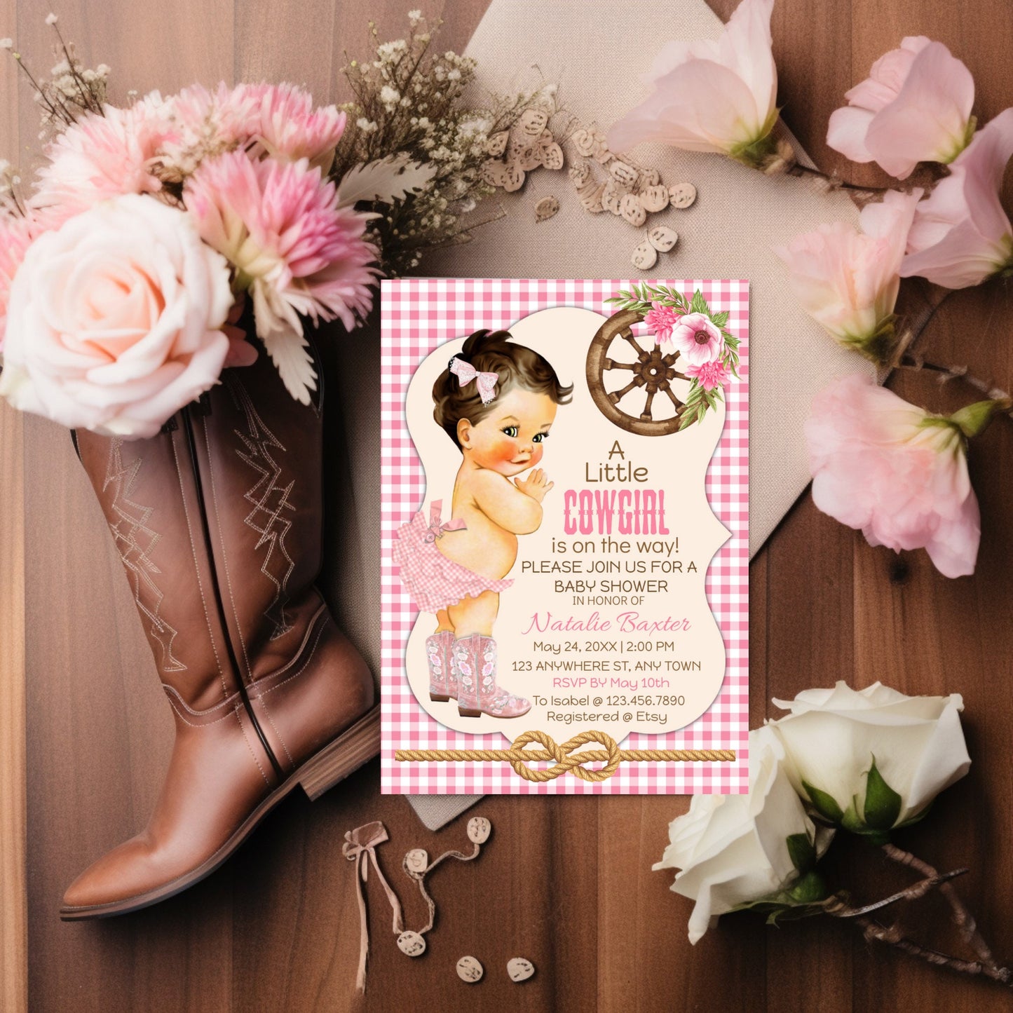 a little cowgirl rustic baby shower invitation, printable and editable 5x7 western baby shower invitation, brunette, pink gingham