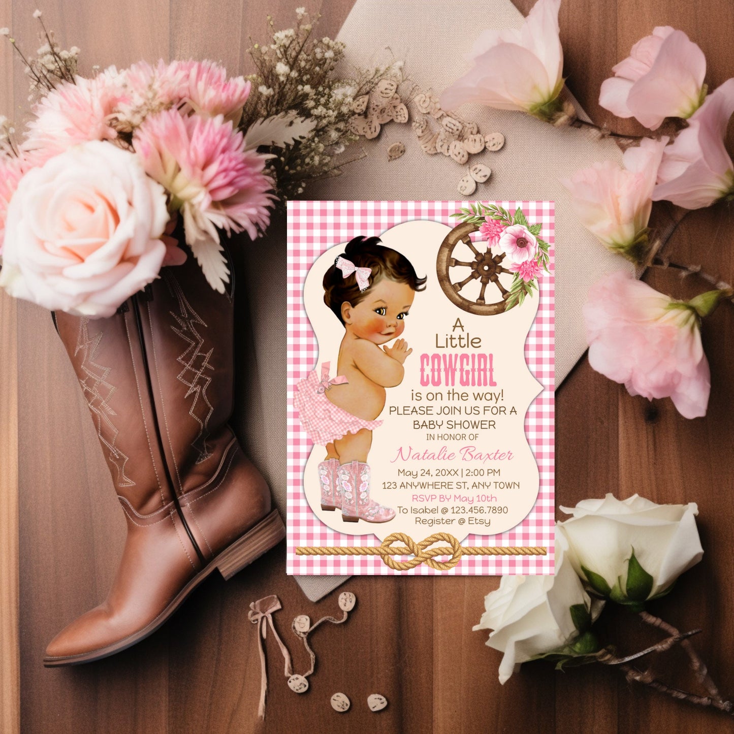 a little cowgirl rustic baby shower invitation, printable and editable 5x7 western baby shower invitation, tan brunette, pink gingham