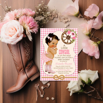 A Little Cowgirl Rustic Baby Shower Invitation, Printable and Editable 5x7 Western Baby Shower Invitation, Tan Brunette, Pink Gingham