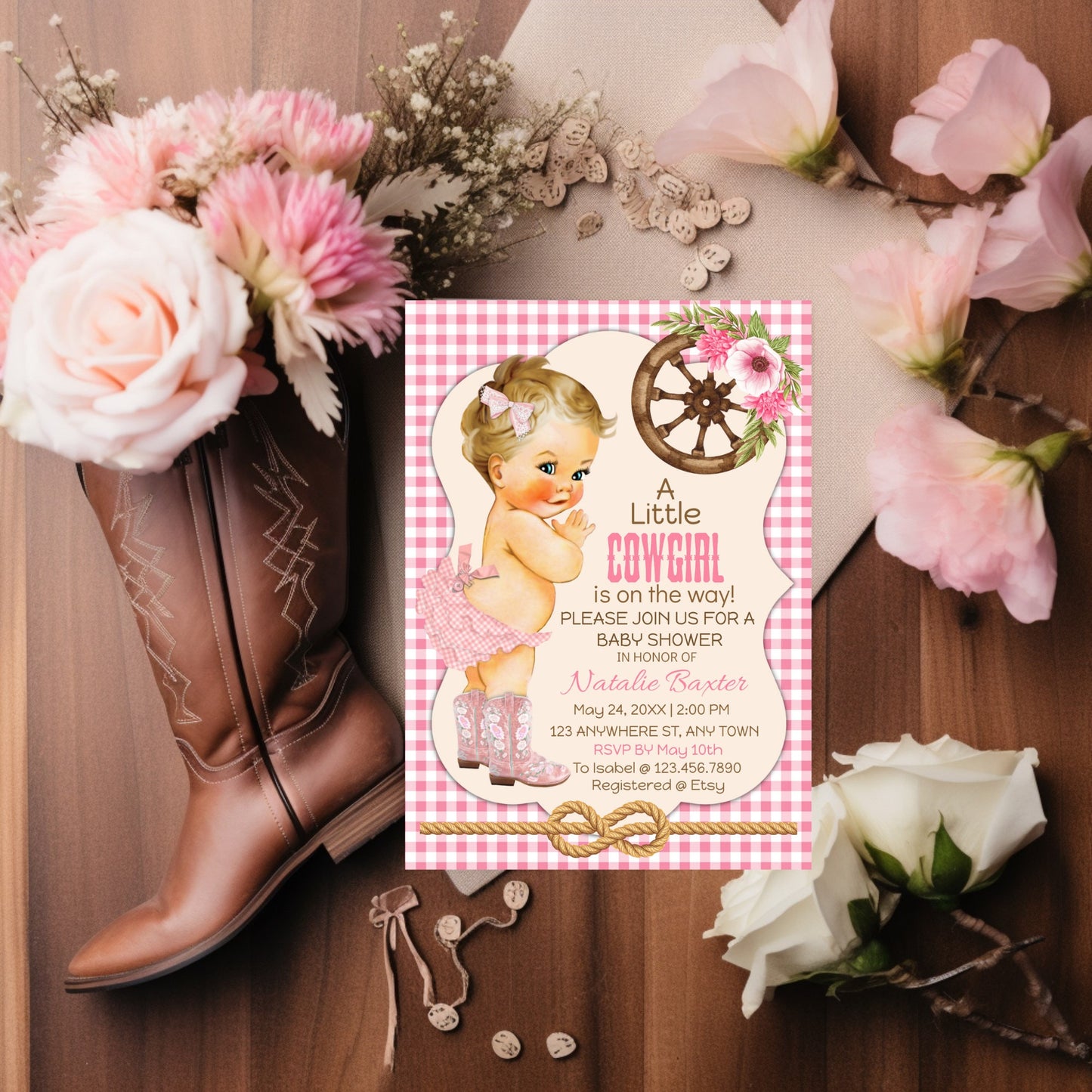 a little cowgirl rustic baby shower invitation, printable and editable 5x7 western baby shower invitation, blonde, pink gingham