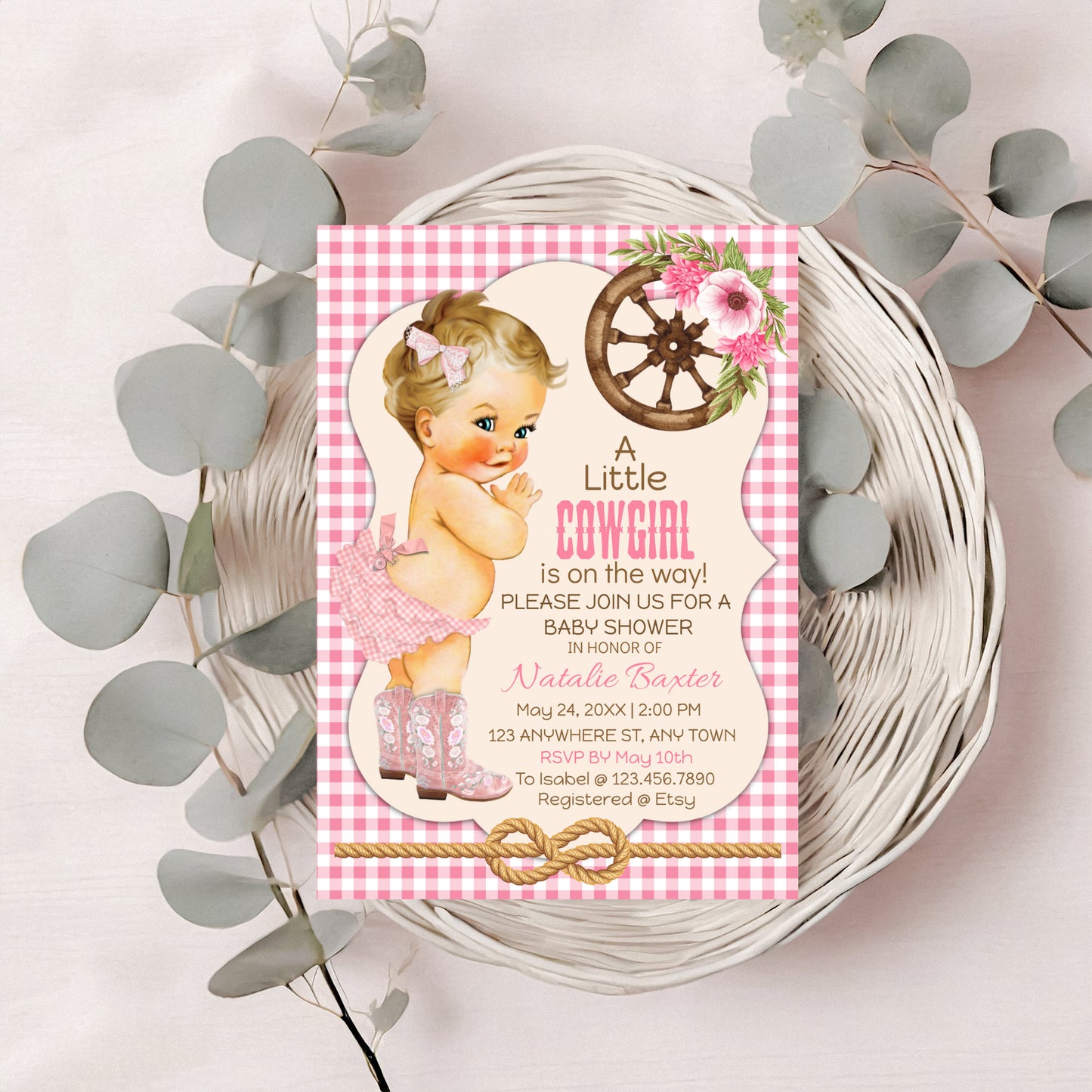 a little cowgirl rustic baby shower invitation, printable and editable 5x7 western baby shower invitation, blonde, pink gingham