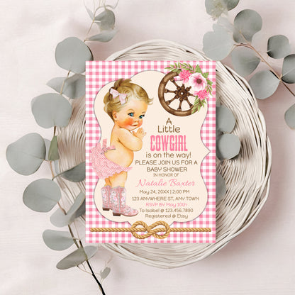 A Little Cowgirl Rustic Baby Shower Invitation, Printable and Editable 5x7 Western Baby Shower Invitation, Blonde, Pink Gingham