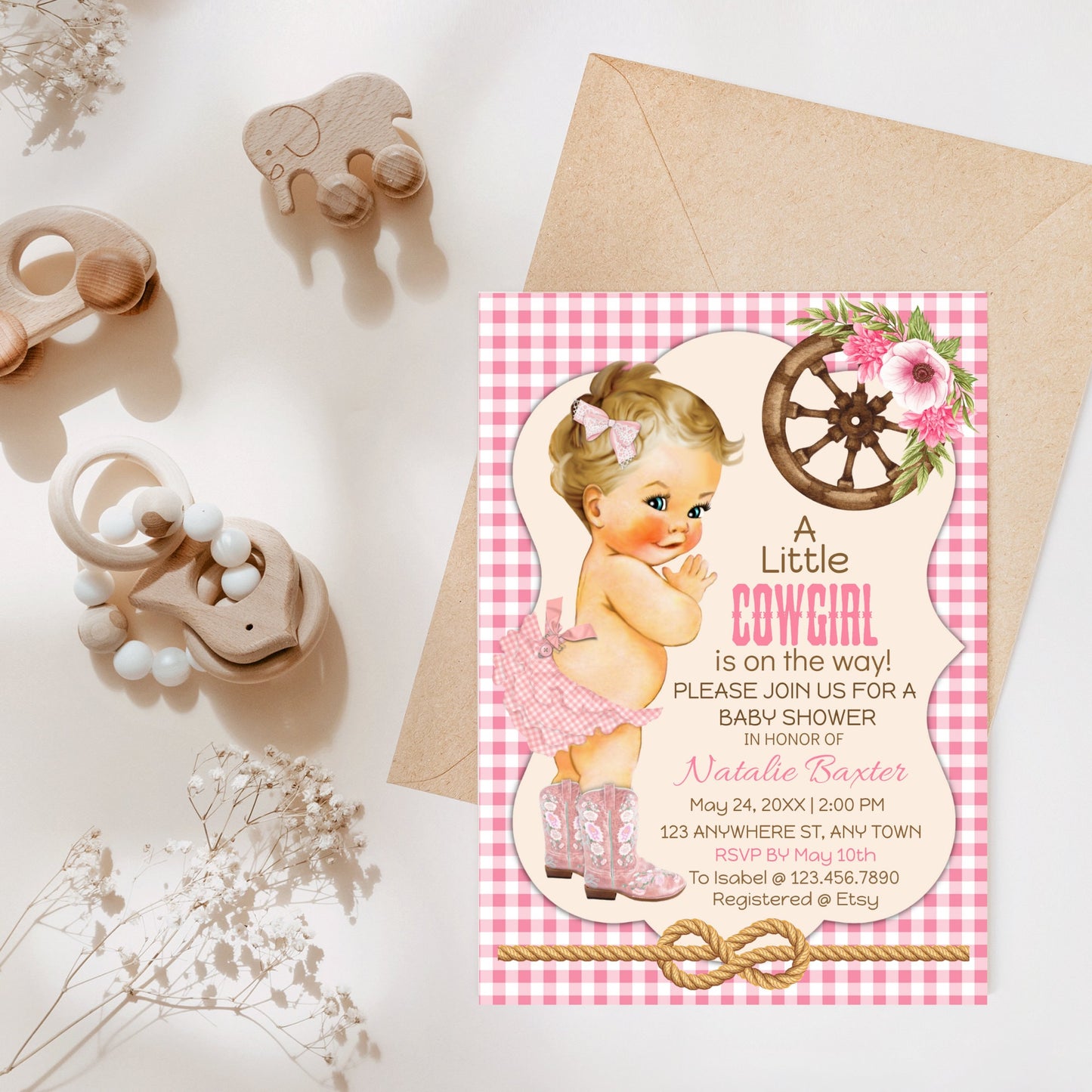 a little cowgirl rustic baby shower invitation, printable and editable 5x7 western baby shower invitation, blonde, pink gingham