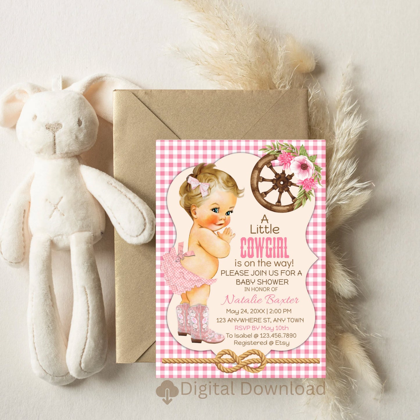 a little cowgirl rustic baby shower invitation, printable and editable 5x7 western baby shower invitation, blonde, pink gingham