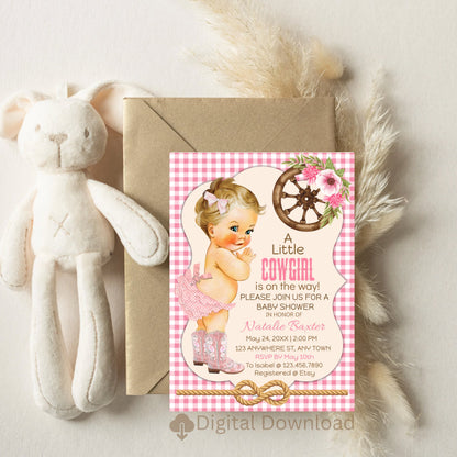 A Little Cowgirl Rustic Baby Shower Invitation, Printable and Editable 5x7 Western Baby Shower Invitation, Blonde, Pink Gingham