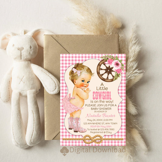 A Little Cowgirl Rustic Baby Shower Invitation, Printable and Editable 5x7 Western Baby Shower Invitation, Blonde, Pink Gingham