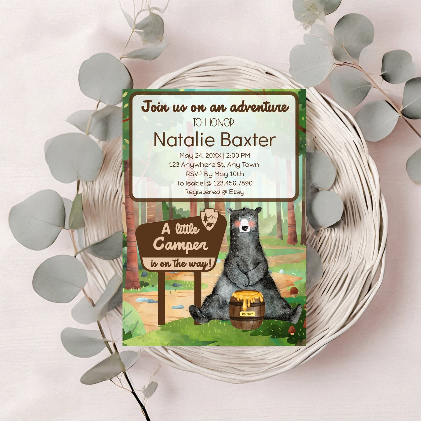 a little camper is on the way, printable and editable 5x7 national park baby shower invitations, gender neutral baby shower invites