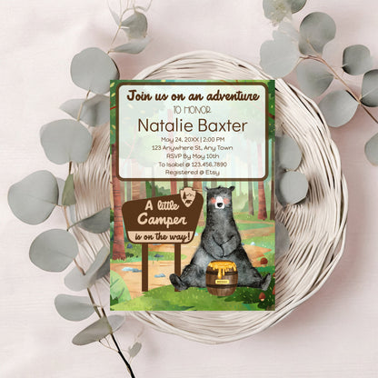 A Little Camper Is On The Way, Printable and Editable 5x7 National Park Baby Shower Invitations, Gender Neutral Baby Shower Invites