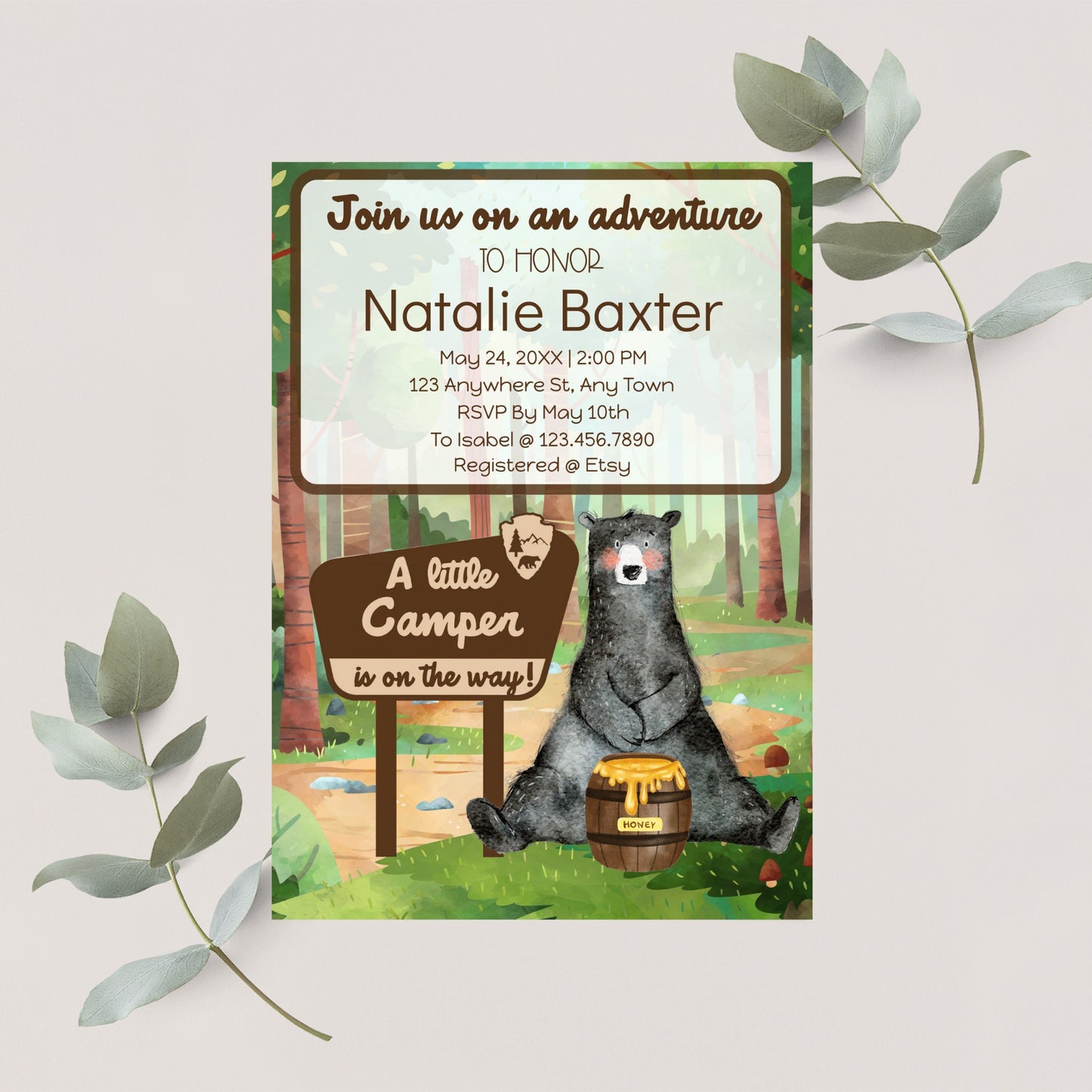 a little camper is on the way, printable and editable 5x7 national park baby shower invitations, gender neutral baby shower invites