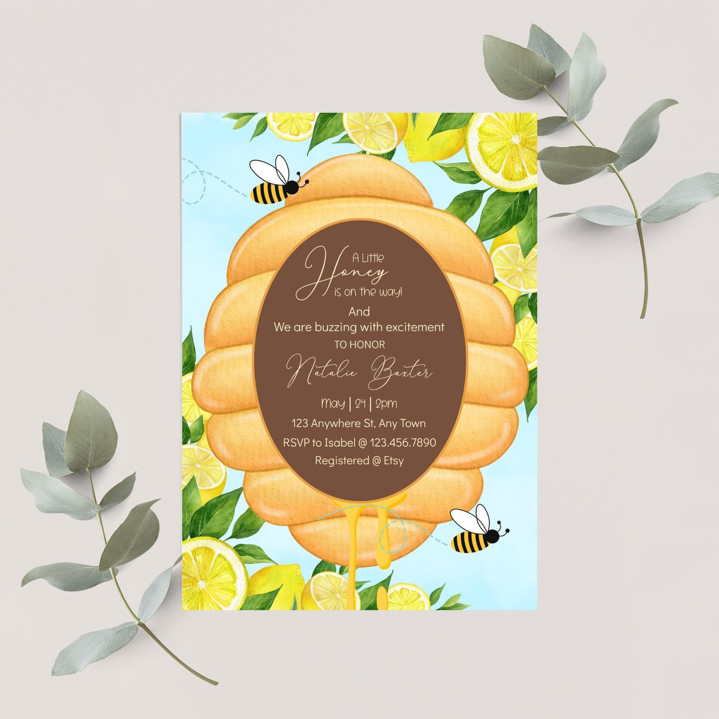 bee baby shower invitation, spring baby shower, lemon invitations, a honey is on the way, gender neutral invitations printable and editable