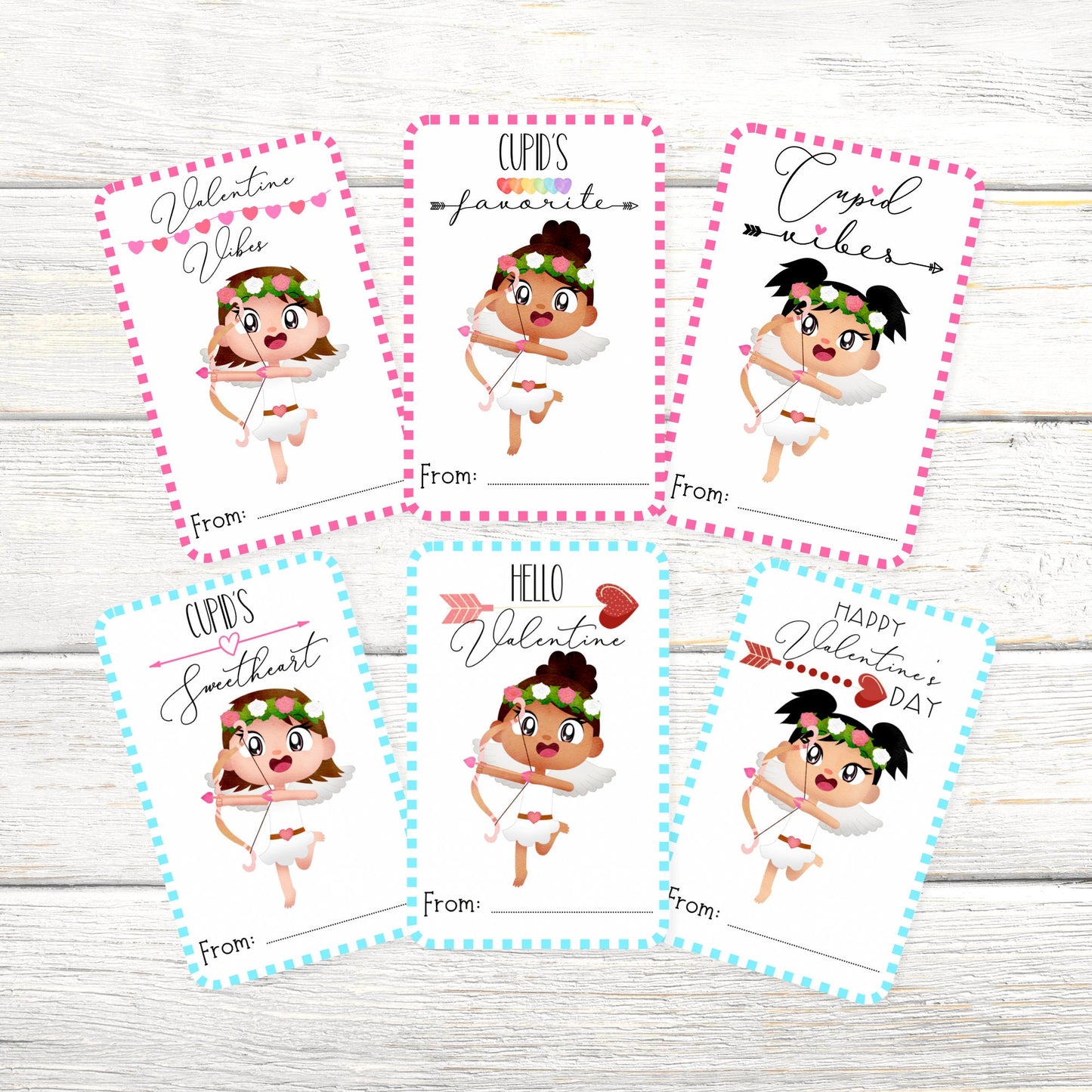 cherub valentine’s day kids party cards or stickers, valentine’s day classroom cards, cupid vibes, hello valentine girl set of 12 (3.5x2.25)