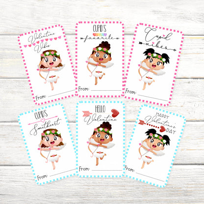 Cherub Valentine’s Day Kids Party Cards or Stickers, Valentine’s Day Classroom Cards, Cupid Vibes, Hello Valentine Girl Set of 12 (3.5x2.25)