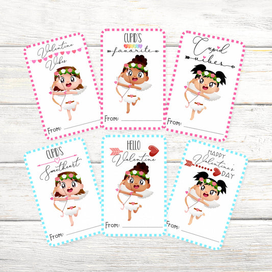 Cherub Valentine’s Day Kids Party Cards or Stickers, Valentine’s Day Classroom Cards, Cupid Vibes, Hello Valentine Girl Set of 12 (3.5x2.25)