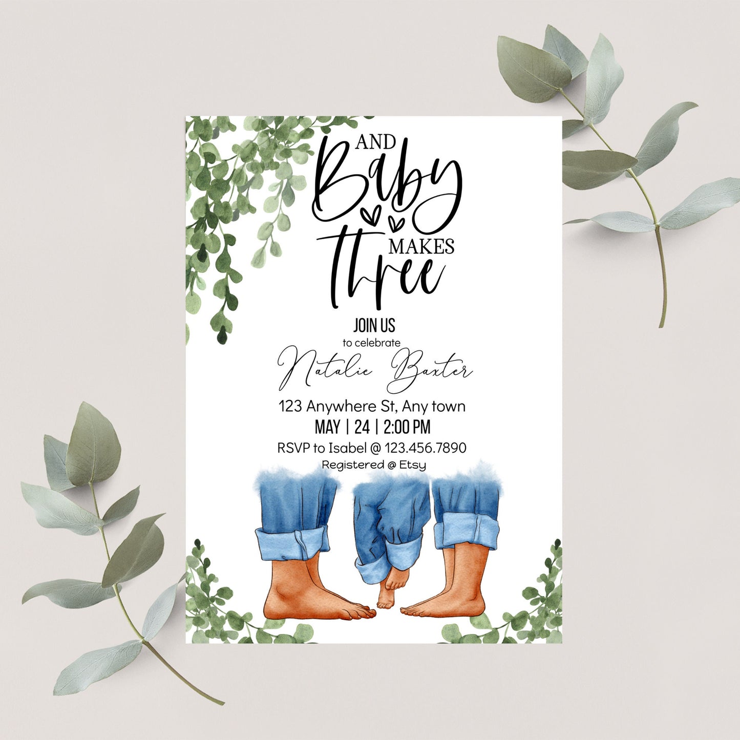 eucalyptus greenery baby shower invitations, and baby makes three, printable minimalist baby shower invitations, gender neutral baby shower