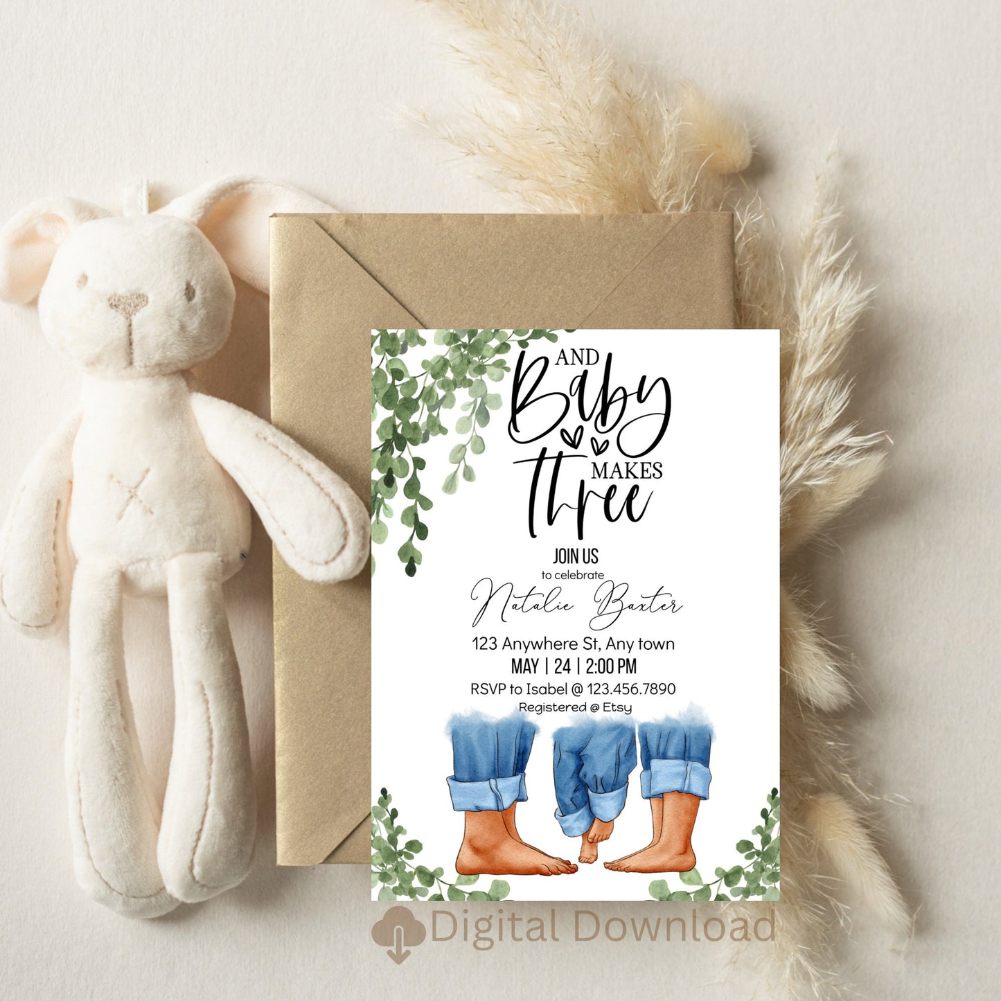 eucalyptus greenery baby shower invitations, and baby makes three, printable minimalist baby shower invitations, gender neutral baby shower