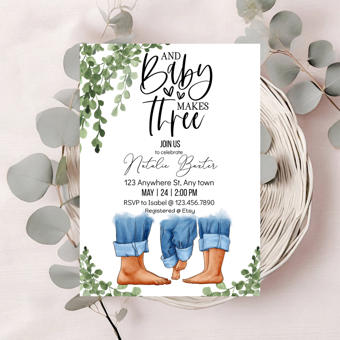 eucalyptus greenery baby shower invitations, and baby makes three, printable minimalist baby shower invitations, gender neutral baby shower