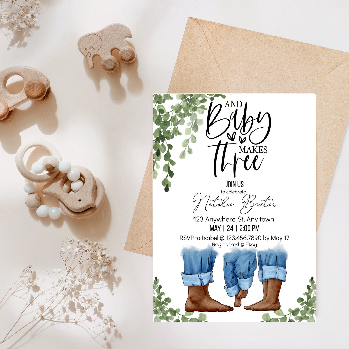 eucalyptus greenery minimalist baby shower invitations, baby makes three, printable baby shower invitations, neutral baby,african american i