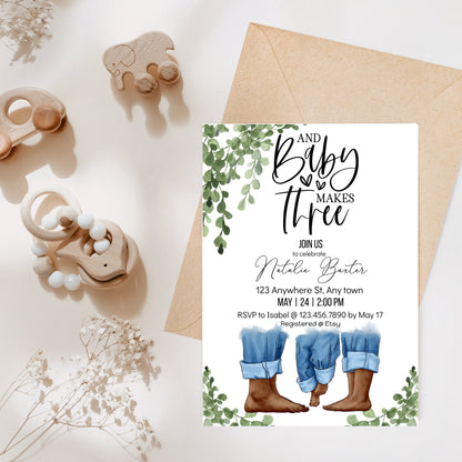 Eucalyptus Greenery Minimalist Baby Shower Invitations, Baby Makes Three, Printable Baby Shower Invitations, Neutral Baby,African American I