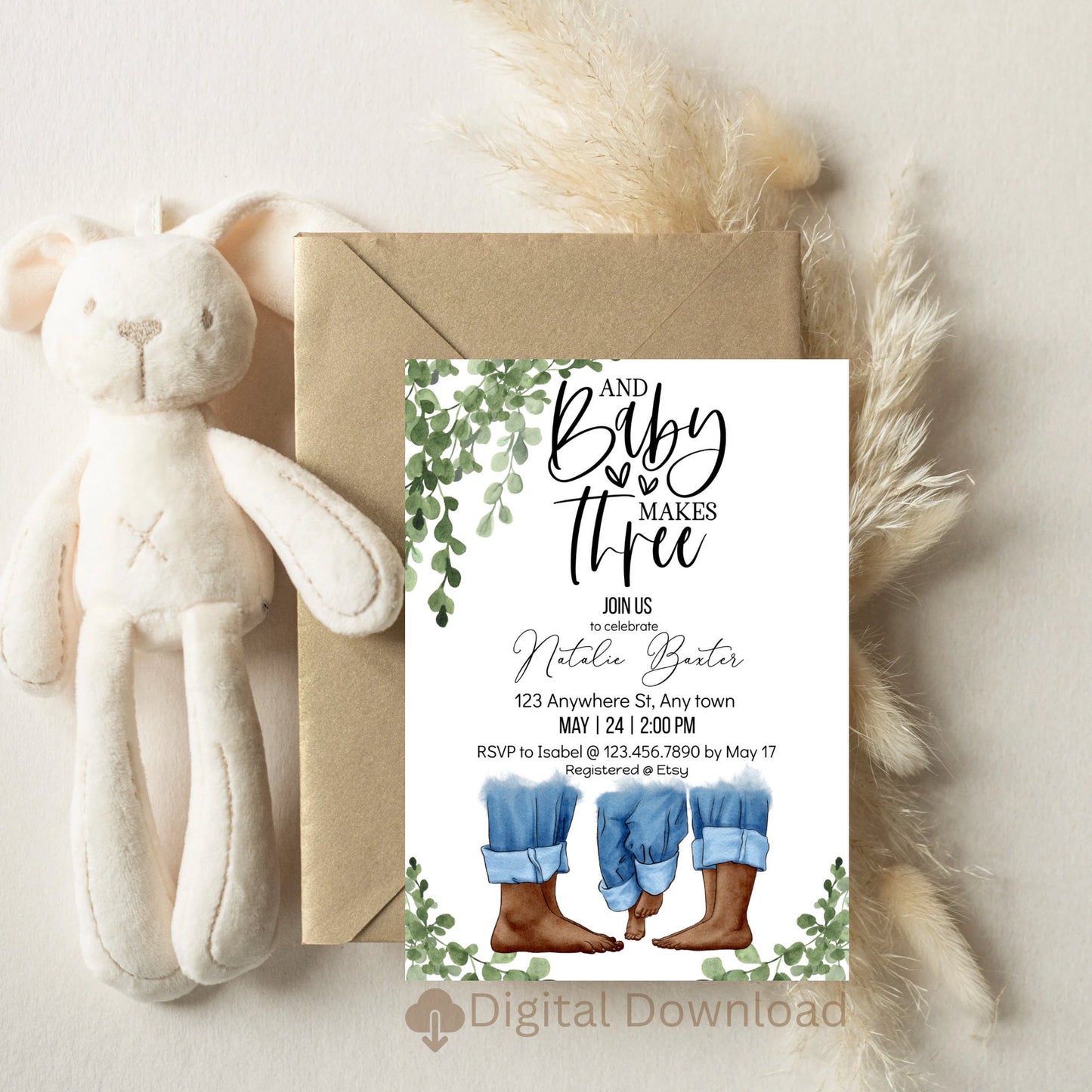 eucalyptus greenery minimalist baby shower invitations, baby makes three, printable baby shower invitations, neutral baby,african american i